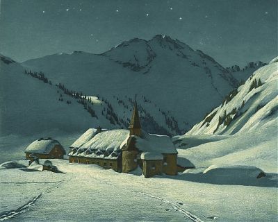Carl Kessler (1876-1968) : Mondnacht i. St. Christoph am Arlberg. - Orig.-Farbradierung, handsigniert