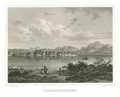 Fraueninsel / Frauenchiemsee : Stahlstich von Riegel/Scheuchzer
